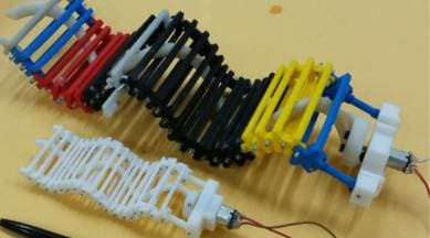 3D printed snake like robot, visualise digestive system, real time visualisation, SAW, single actuator wave-like robot,colonoscopoes, pill like cameras, 3D printed plastic pieces,smooth undulative wave, 2D projection, rotating helix, David Zarrouk, Science, science news