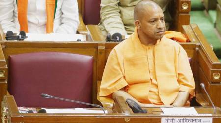 Uttar Pradesh Chief Minister Yogi Aditya Nath at first time in side the assembly building during MLAs oath taking ceremoney in Lucknow on tuesday.Express photo by Vishal Srivastav 28.03.2017