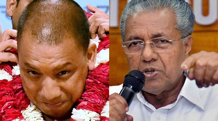 Yogi adityanath, Pinarayi Vijayan, Kerala CM, Uttar Pradesh CM, Pinarayi Vijayan yogi adityanath, BJP, Yogi, Yogi adityanath oath taking, narendra Modi, UP polls, UP election results, india news, indian express news