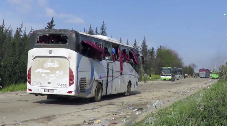 syria, syria evacuation, syria blast evacuation, syria explosion, syria death toll, syria latest, evacuee bus blast, syria bus blast, syria evacuee convoy blast, syria news, indian express news