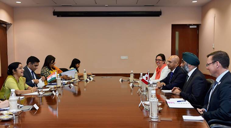 Sushma Swaraj, Harjit Singh Sajjan, India Canada, Canada defence minister, Swaraj Canada minister, India Canada bilateral ties, India news, Indian Express