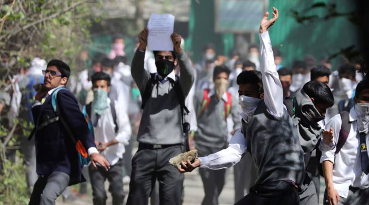 kashmir protests, kashmir students protests, kashmir , jammu and kashmir, pulwama, pulwama students protests, army, security forces, kashmir security forces, kashmir students, stone pelting, kashmir stone pelting, kashmir news, india news, indian express news