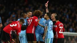 manchester derby, MUNMCI, MUN, Manchester United, united vs chelsea, Fellaini red card, Premier league points table, Premier league, manchester derby match report, David De Gea, Gabriel Jesus, english football, football news, sports news, indian express news