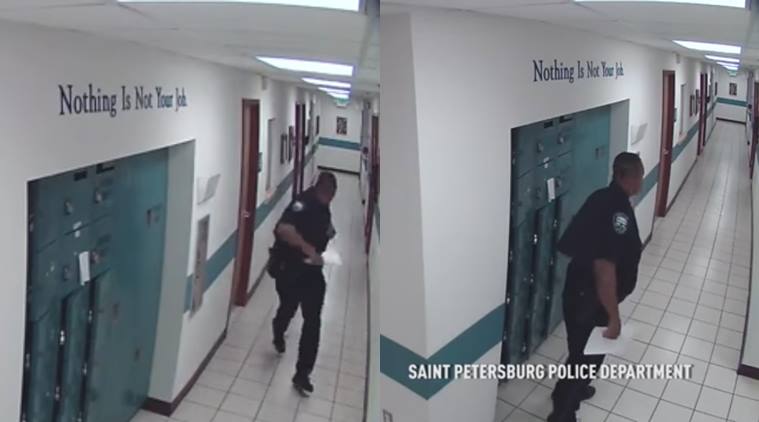 cop running away from rat viral, cop running away from rat viral video, police-officer running away from tiny rat hilarious video, florida police running away from a rat, indian express, indian express news, trending news, funny news