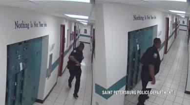 cop running away from rat viral, cop running away from rat viral video, police-officer running away from tiny rat hilarious video, florida police running away from a rat, indian express, indian express news, trending news, funny news