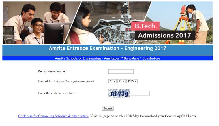 Amrita University AEEE exams 2017 Results declared check