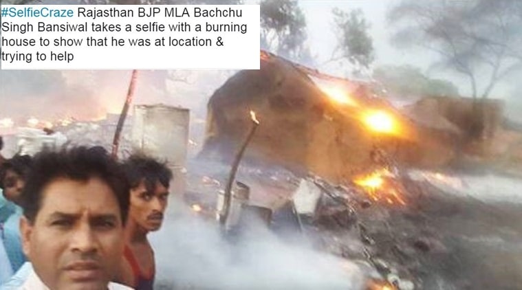 bjp leader slammed on social media, bachchu singh criticised, minister posts a selfie on a burning site, indian express, indian express news