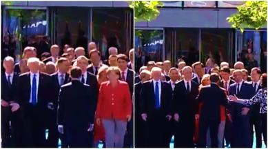 donald trump, emmanuel macron, angela markel, hug, handshake, awkward handshake, donald trump macron hug, nato summit, indian express, indian express news