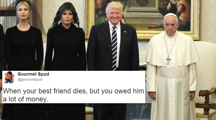 donald trump, donald trump at vatican, donald trump pope, donald trump with pope funny photos, donald trump pope funny pictures, donald trump viral photo with pope, donald trump vatican pope meeting pictures, world news, indian express, indian express news, trending globally news