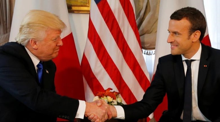 Donald Trump, Emmanuel Macron, Trump handshake, Trump meets Macron, Nato summit, World news, Indian express news, latest news
