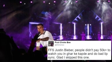 justin bieber, justin bieber lip sync at mumbai concert, #justinbieberinindia, justin bieber in india lip sync twitter reactions, justin bieber kaafi lip sync funny twitter reactions, indian express, indian express news
