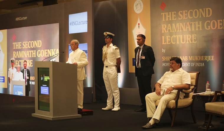 pranab mukherjee, Pranab Mukherjee speech, Ramanth Goenka Lecture, Pranab mukherjee RNG lecture full text,