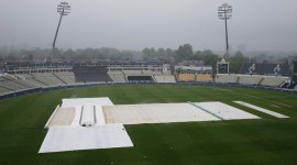 General view of covers on the pitch after the game was abandoned due to rain no alt set