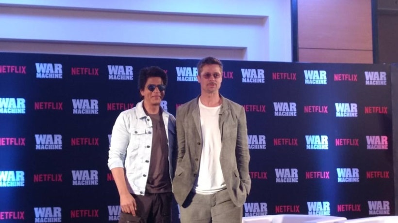 brad pitt, brad pitt india, shah rukh khan brad pitt, srk brad pitt, brad pitt war machine, war machine, war machine india, srk brad pitt pics, brad pitt in india pics, war machine india premiere, shahrukh brad pitt, shahrukh brad pitt war machine, bollywood news, hollywood news, entertainment updates, indian express, indian express news, indian express entertainment