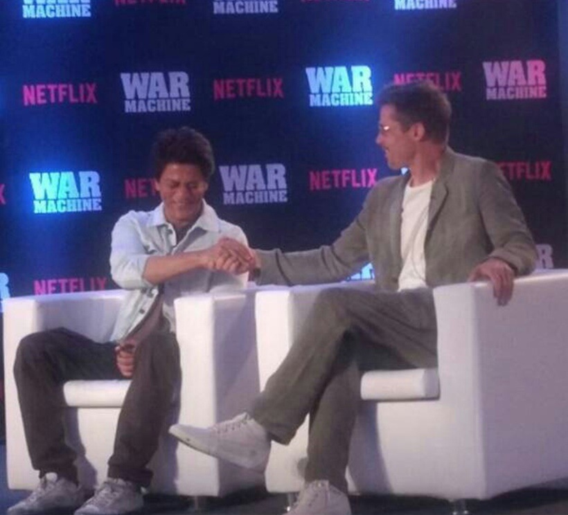 brad pitt, brad pitt india, shah rukh khan brad pitt, srk brad pitt, brad pitt war machine, war machine, war machine india, srk brad pitt pics, brad pitt in india pics, war machine india premiere, shahrukh brad pitt, shahrukh brad pitt war machine, bollywood news, hollywood news, entertainment updates, indian express, indian express news, indian express entertainment