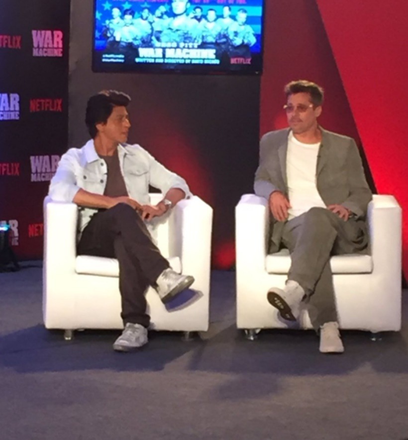 brad pitt, brad pitt india, shah rukh khan brad pitt, srk brad pitt, brad pitt war machine, war machine, war machine india, srk brad pitt pics, brad pitt in india pics, war machine india premiere, shahrukh brad pitt, shahrukh brad pitt war machine, bollywood news, hollywood news, entertainment updates, indian express, indian express news, indian express entertainment