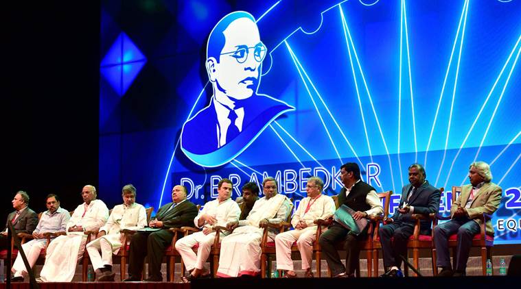 Bengaluru : Social Reformer Martin Luthar King III, Congress Vice President Rahul Gandhi, Nobel Laureate Kailash Satyarthi, Karnataka Chief Minister Siddaramaiah with others during the inauguration of the Dr B R Ambedkar International Conference 2017 in Bengaluru on Friday. PTI Photo by Shailendra Bhojak(PTI7_21_2017_000271B)