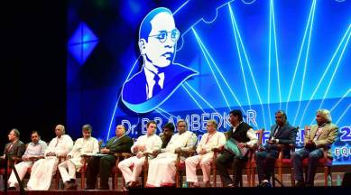 Bengaluru : Social Reformer Martin Luthar King III, Congress Vice President Rahul Gandhi, Nobel Laureate Kailash Satyarthi, Karnataka Chief Minister Siddaramaiah with others during the inauguration of the Dr B R Ambedkar International Conference 2017 in Bengaluru on Friday. PTI Photo by Shailendra Bhojak(PTI7_21_2017_000271B)