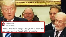 donald trump, buzz aldrin face trump, buzz aldrin expressions trump talk, buzz aldrin hilarious face trump talks, trump space talk buzz aldrin face funny, indian express, indian express news