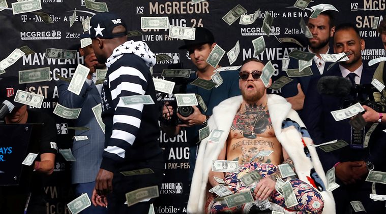 conor mcgregor, floyd mayweather, conor mcgreggor dollar bills, mcgregor mayweather fight, mixed martial arts, most expensive sports event, sports news, indian express