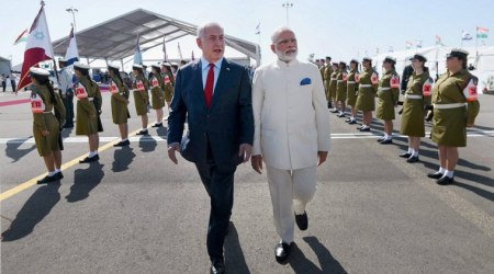 Tel Aviv : Prime Minister,  Narendra Modi being received by the Prime Minister of Israel,  Benjamin Netanyahu, on his arrival, at Ben Gurion Airport, in Tel Aviv , Israel on Tuesday. PTI/ PIB(PTI7_4_2017_000238B)