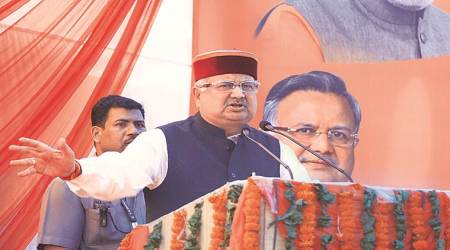 Chhattisgarh CM Raman Singh addresses BJP Parivartan rally in Mandi Tuesday. Express