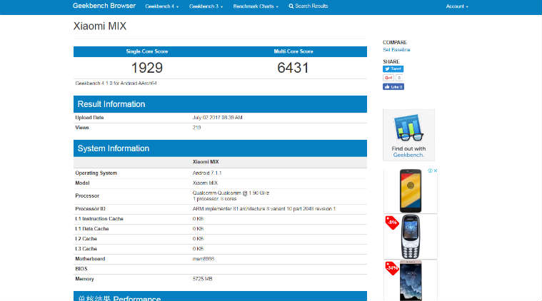 Xiaomi, Mi Mix 2, Xiaomi Mi Mix 2, Xiaomi Mi Mix 2 Geekbench, Xiaomi Mi Mix 2 features