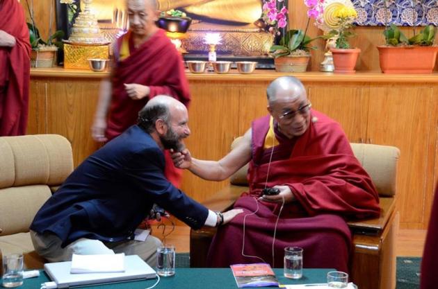 dalai lama, dalai lama beard, dalai lama tugs at beard, dalai lama ramdev baba, ramdev baba, russell brand, indian monk, tibetan monk, indian express, indian express news