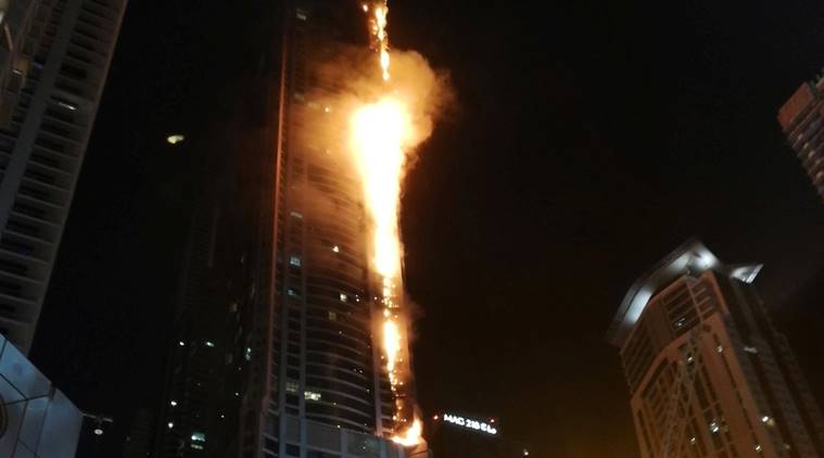 Dubai fire, Dubai marina torch fire, dubai residential building fire, dubai tower fire, UAE fire, World news, Indian Express
