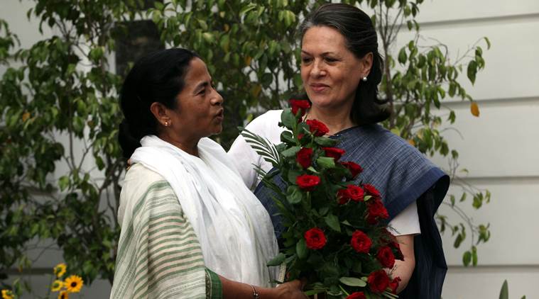 Trinamool Congress chief Mamata Banerjee with Congress leader Sonia Gandhi.