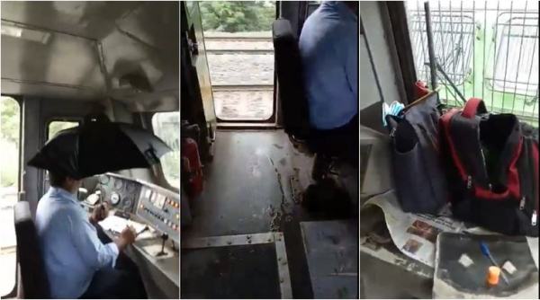 Indian railways, bad conditions of train, train roof leakage, driver drive train with umbrella, train driver with umbrella video, suresh prabhu, indian express