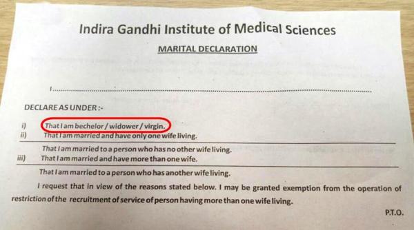 virgin, virginity status, are you a virgin, indira gandhi institute of medical sciences, IGIMS, IGIMS virginity test, are you a virgin, marriage declaration form, IGIMS marriage, IGIMS employees, Indian Express
