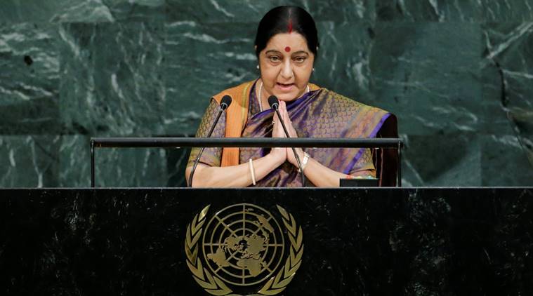 Sushma Swaraj, Sushma Swaraj UNGA, sushma swaraj UNGA address, Sushma Swaraj on Pakistan, Pakistan, Swaraj Terroris, demonetisation, UNSC, India Pakistan, sushma on Abassi, India News, Indian Express