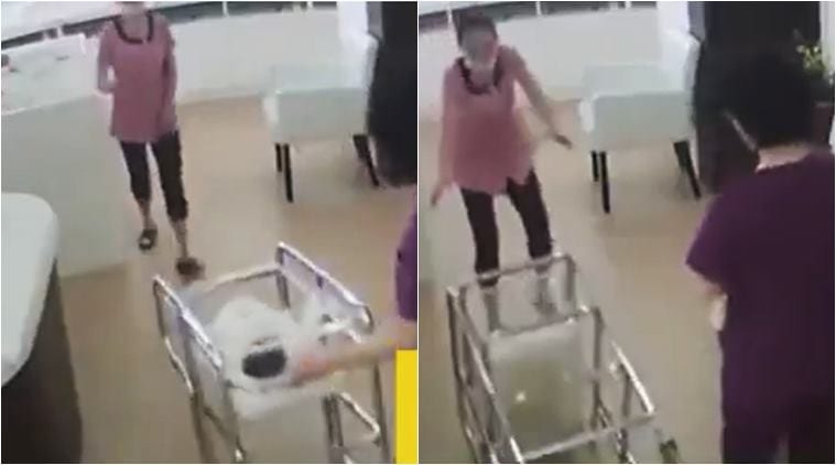china, babay fall cradle, hospital negligence, infant fall in hospital, nurse push child cradle, shocking videos, china viral videos, indian express