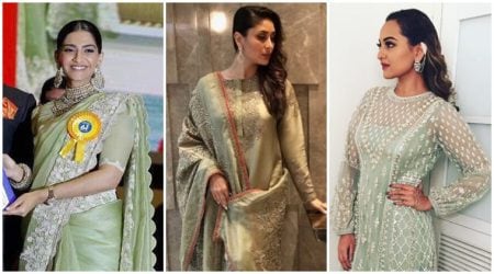 kareena kapoor khan, sonam kapoor, sonakshi sinha, navratri. navratri 2017, navratri fashion, green sari, green suit, indian express indian express news