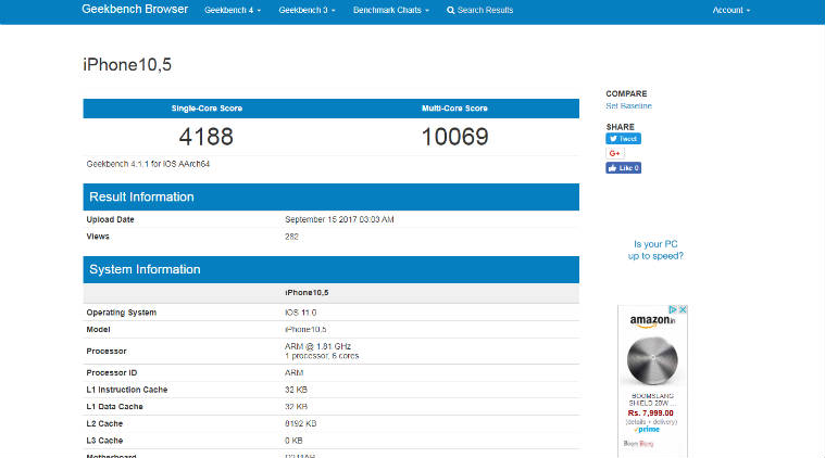 iPhone X, Apple iPhone X, iPhone 8, iPhone X A11 Bionic chip, iPhone X performance scores, iPhone X Geekbench scores