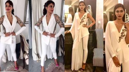 kriti sanon, jacqueline fernandez, kriti sanon latest pictures, jacqueline fernandez latest pictures, sonaakshi raaj latest designs, white outfit ideas, white dress ideas, kriti sanon white dress, jacqueline fernandez white dress, indian express, indian express news