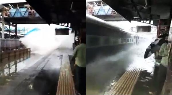 mumbai, mubai rains, mumbai floods, mumbai local, mumbai train service rains, mubai rain train service, mumbai train water wave, water wave train video, viral videos, indian express