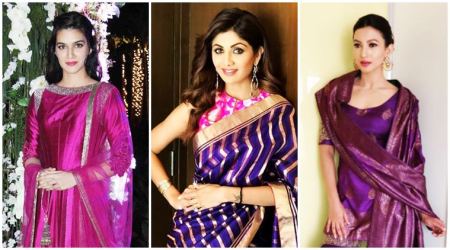 kriti sanon, malaika arora khan, gauahar khan, purple lehenga, celeb fashion, navratri, navratri fashion, navratri colours, indian express, indian express