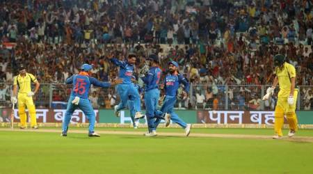 Kuldeep Yadav celebrates  his hat-trick  during the 2nd Odi between India and Australia at Eden Gardens Kolkata on Thursday. Express photo by Partha Paul.