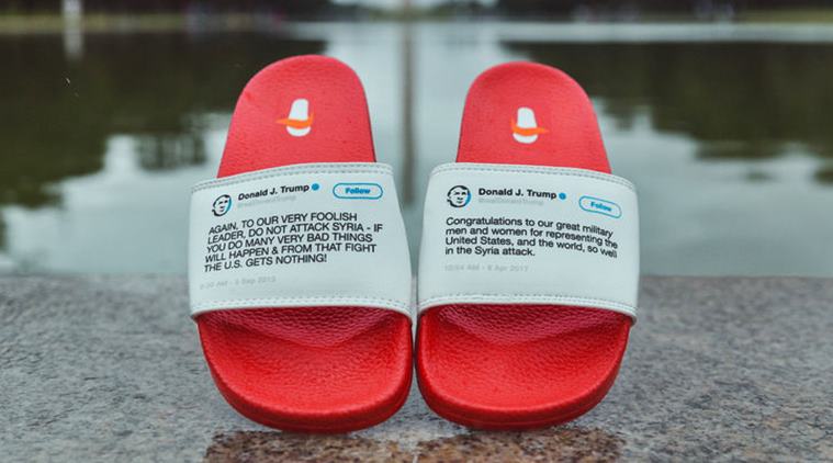 donald trump, trump, trump tweets, trump flip flops, trump sandals, trump shoes, trump tweet shoes, trump tweet sandals, trump contradictory tweets, bizarre fashion trends, weird fashion trend, fashion news, indian express