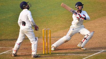 Andhra's Ashwin Hebbar and D Siva Kumar during Ranji match against J&K held at CCI, Churchgate. Express photo by Kevin D'Souza, Mumbai 23-10-2016 *** Local Caption *** Andhra's Ashwin Hebbar and D Siva Kumar during Ranji match against J&K held at CCI, Churchgate.