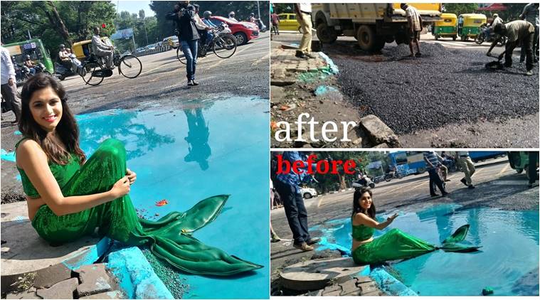 Mermaid' helps fix pothole: Bengaluru artiste turns big crater into pond to  grab civic bodies' attention | Trending News,The Indian Express
