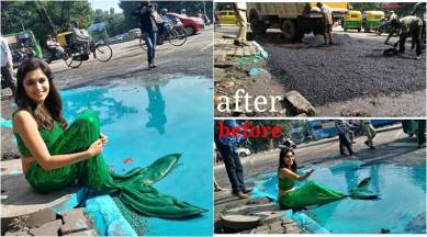 Bengaluru, potholes, bangalore potholes, bengaluru pothole art, bengaluru mermaid potholes, sonu gowda, sonu godwa pothole mermaid, india news, viral news, good news, indian express