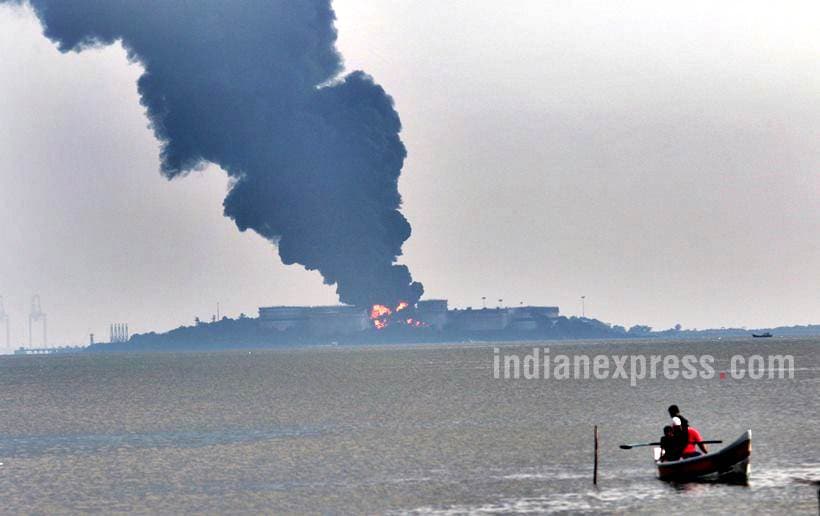 butcher island fire photos, mumbai butcher island, oil tanker fire mumbai, butcher island images, butcher island fire pics, mumbai latest news, indian express