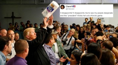 donald trump, donald trump at puerto rico, hurricane maria, donald trump throwing paper towels, twitter reactions, indian express, indian express news