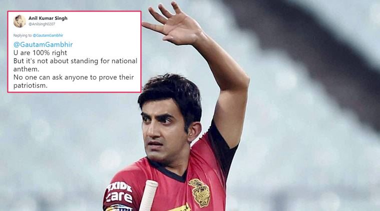 gautam gambhir, national anthem, gautam gambhir tweet, gautam gambhir twitter, gautam gambhir trolled, gautam gambhir national anthem debate, indian express, indian express news