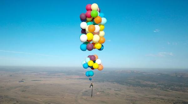 air balloon, cluster balloon, cluster balloon stunt, man fkies with balloons on chair, up balloon scene, viral videos, trending videos, indian express