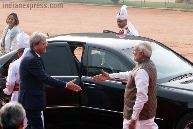 pm modi photos, italian pm pictures, italian pm india visit, Paolo Gentiloni images, italian pm rashtrapati bhawan pics, indian express