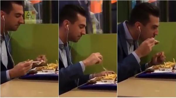 mcdonalds, chicken nuggets, nuggets with fork, man eat nuggets with fork, nuggets and fries with fork, viral video, bizarre video, funny videos